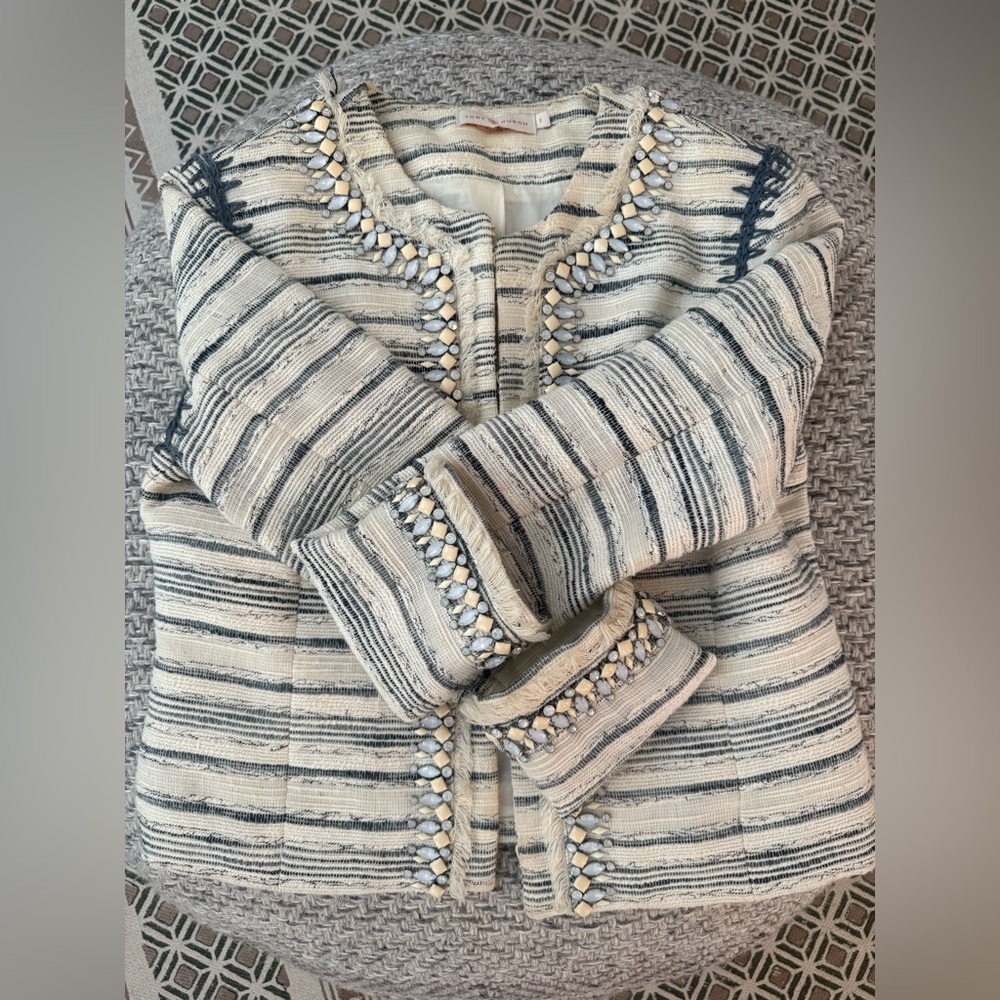 Tory Burch Blue Striped and Embellished Jacket Blazer Size 2